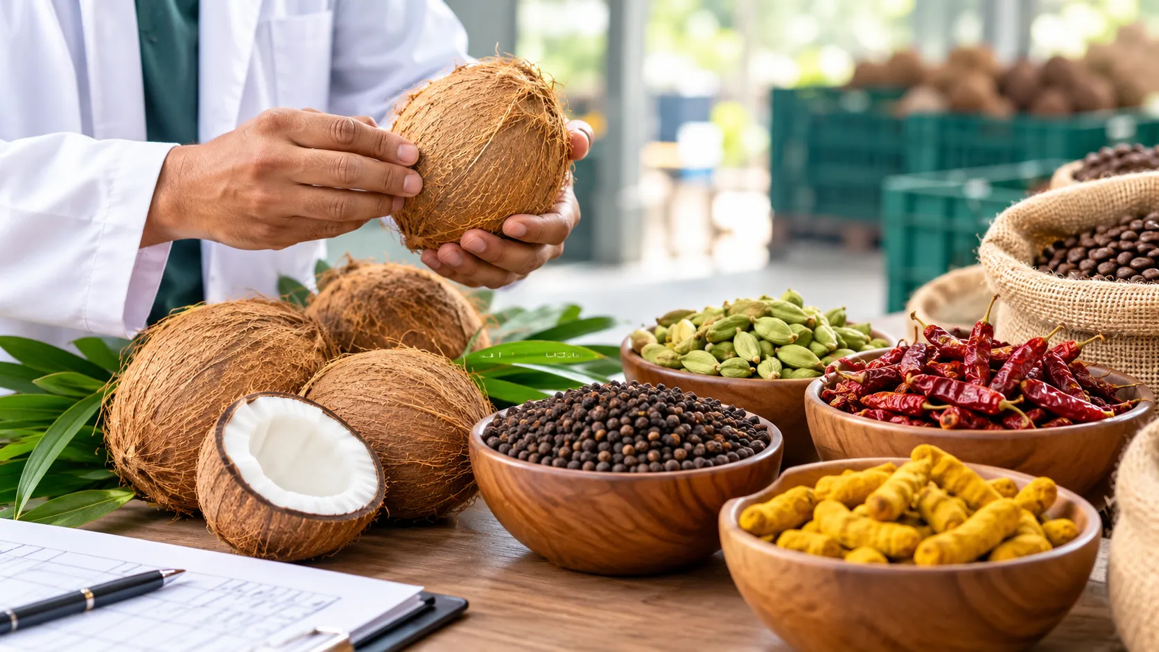 Expert quality check of coconuts, spices, and coffee beans — ViksitEXIM ensures premium agricultural produce for global export.