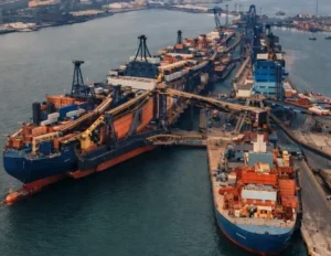 Cargo ships and port facilities representing Indian export shipping