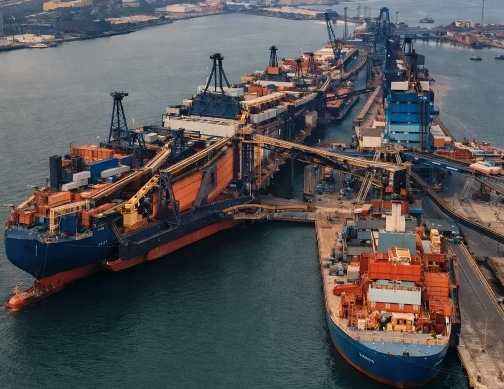 Cargo ships and port facilities representing Indian export shipping