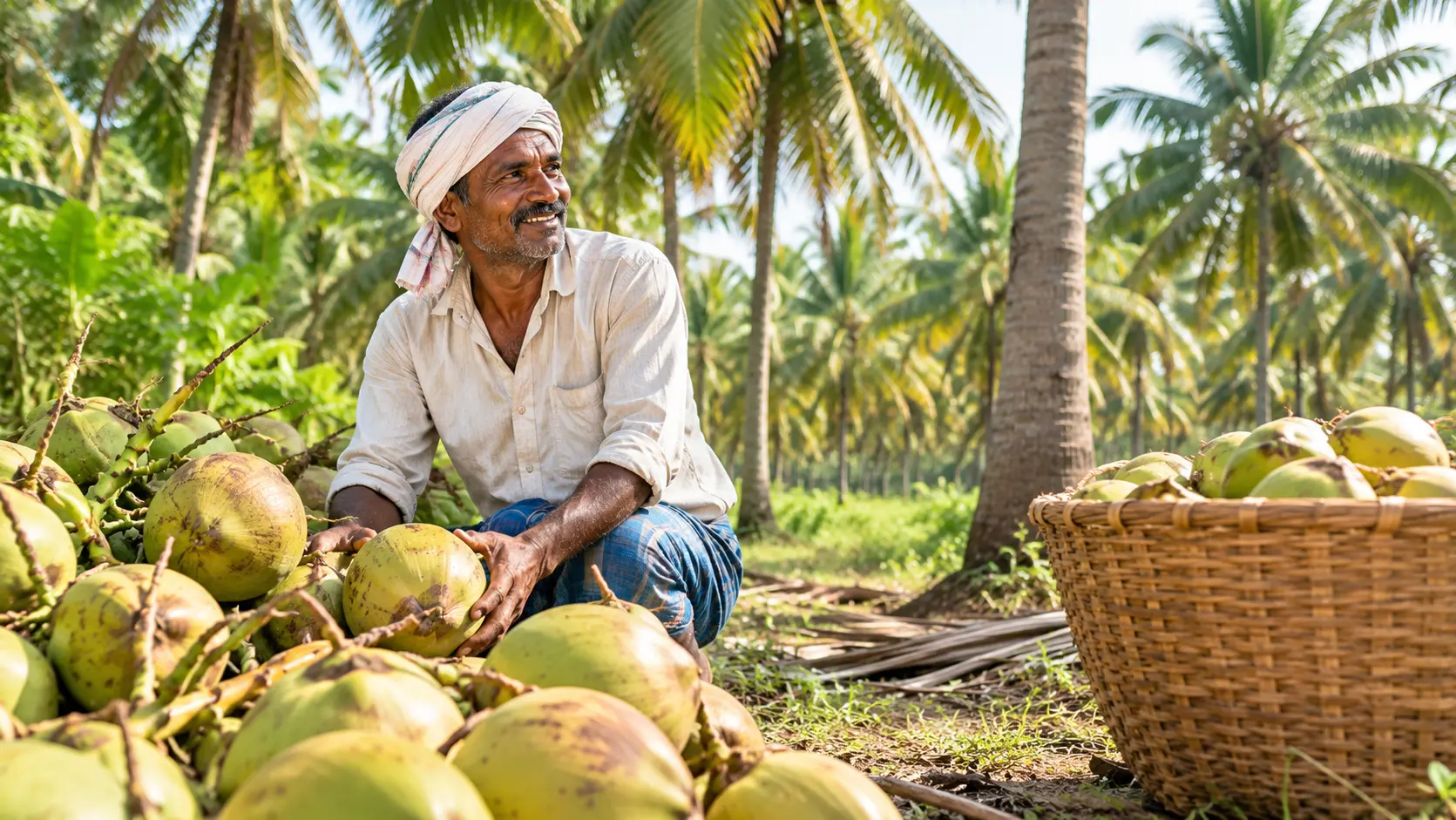 Indian farmers harvesting coconuts in tropical farms — authentic farm‑to‑export sourcing by ViksitEXIM.